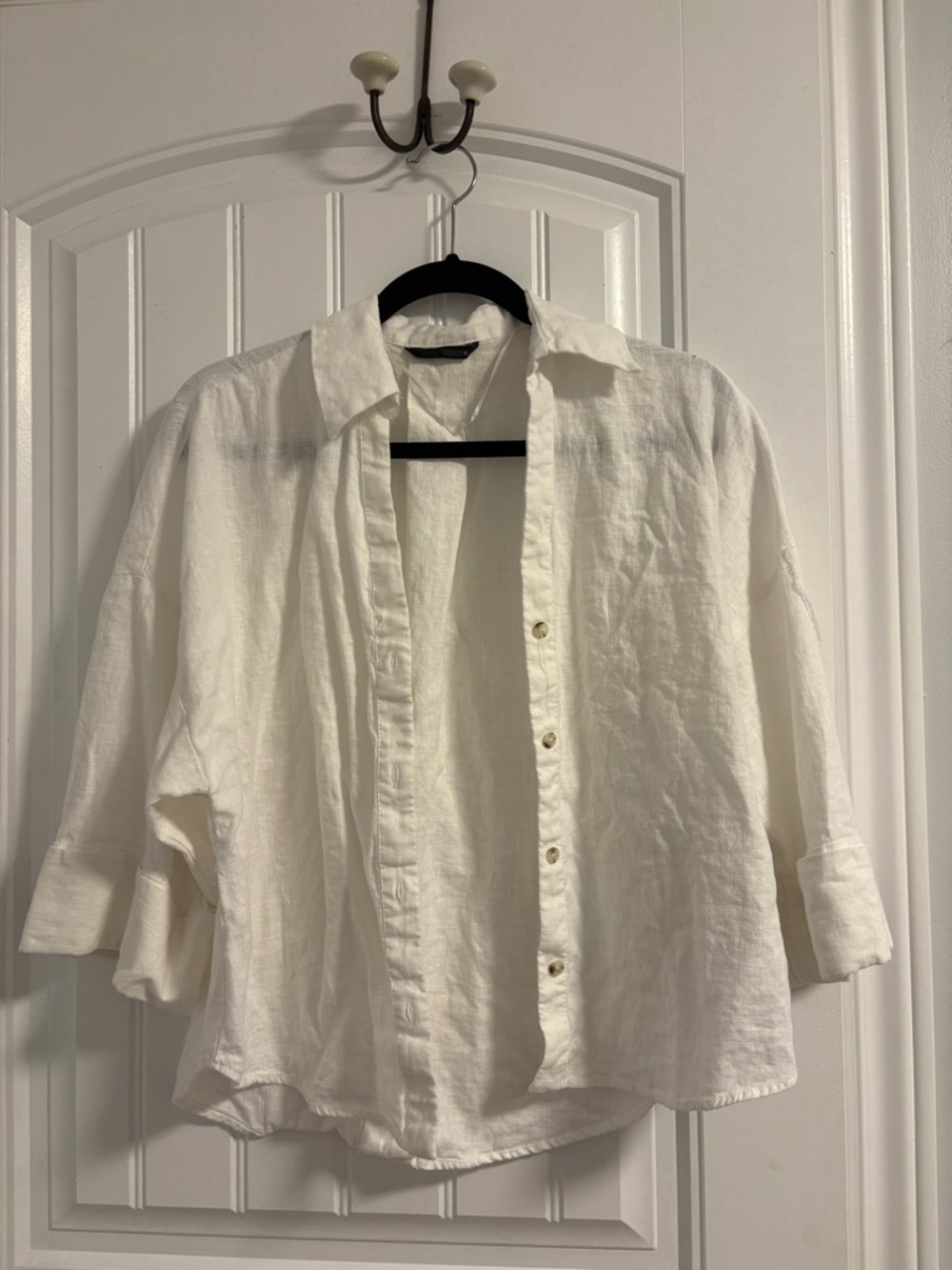 Zara White Relaxed Linen Button-Front Blouse